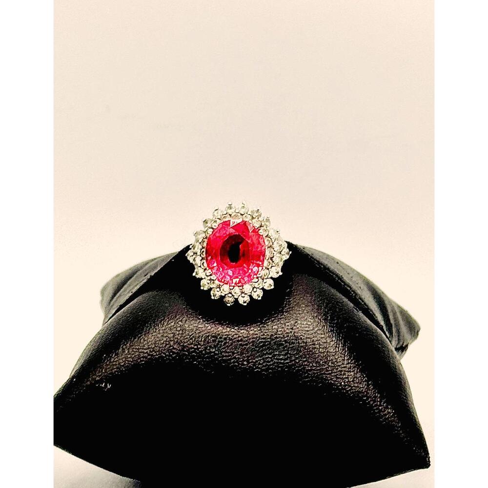 Sterling silver lab created 4ct. pink sapphire surrounded by cz double halo ring